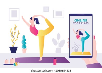 Cute woman stands in pose of king of dance. Girl practices yoga on online course. Coach on screen stands in natarajasana. Hand holds mobile phone with lesson from yoga class. Flat vector illustration