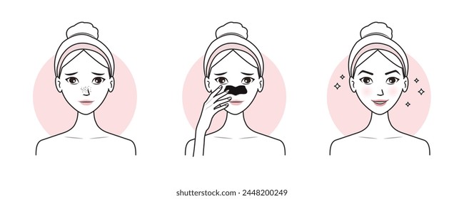 Cute woman with step of blackheads treatment on nose vector illustration isolated on white background. Before and after nose pore strip remove blackheads on face. Skin care and beauty concept.