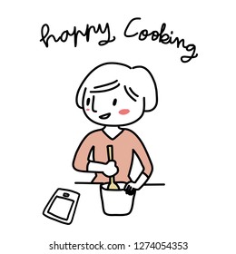 Cute woman stirring batter in a mixing bowl. Cheerful woman reading food recipe in tablet and cooking meal from the recipe. Woman cooking food from the recipe in website. Freehand vector drawing.