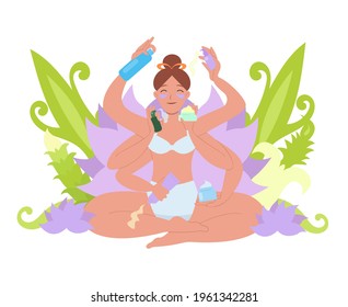 A cute woman in the style of a multi-armed Hindu goddess with patches under her eyes sits in a lotus position and holds personal care products in her hands. Vector illustration of cosmetics, creams, s