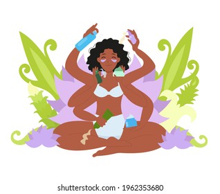 A cute woman in the style of a multi-armed Hindu goddess with patches under her eyes sits in a lotus position and holds personal care products in her hands. Vector illustration of cosmetics, creams