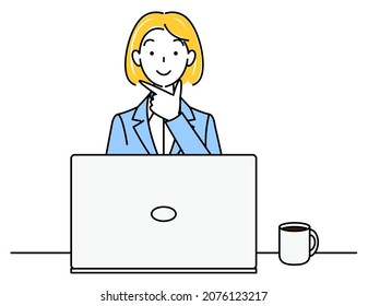 Cute woman in a suit sitting in front of a computer thinking positive thoughts illustration vector