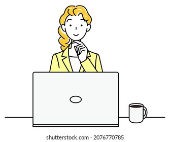 Cute woman in a suit sitting in front of a computer thinking positive thoughts illustration vector