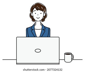 Cute woman in suit sitting in front of computer with smile Vector illustration