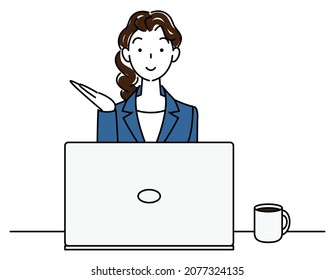 Cute woman in suit sitting in front of computer with smile giving receptionist information illustration vector