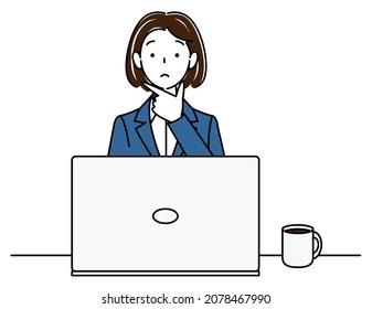 Cute woman in a suit sitting in front of a computer thinking about a plan illustration vector