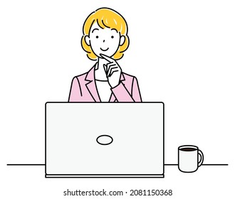 Cute woman in a suit sitting in front of a computer thinking positive thoughts illustration vector