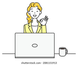 Cute woman in suit sitting in front of computer doing OK pose illustration vector