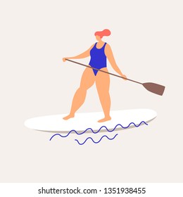 Cute woman sup-surfing sailing on the waves. Rest in the summer at sea. Trendy types of water activities. Vector illustration in flat style on bright isolated background.