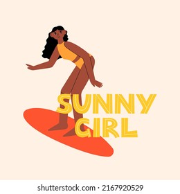 Cute woman surfing in the sea. Girl in swimsuit on the surfboard. Summer vector illustration on isolated background. Happy black afro american woman. Diversity equality concept. Lettering sunny girl