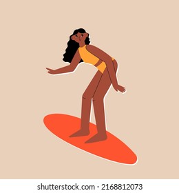 Cute woman surfing in the sea. Girl in swimsuit on the surfboard. Summer vector illustration on isolated background. Happy black afro american woman. Diversity equality concept. 