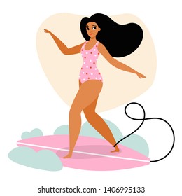 Cute woman surfing. Surf girl riding surfboard. Summertime vacation. Summer surfing illustration in flat style.