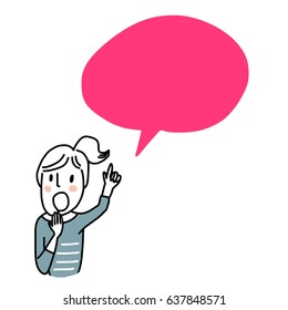 Cute woman surprised and pointing finger to the blank text balloon. Vector illustration with hand-drawn style.