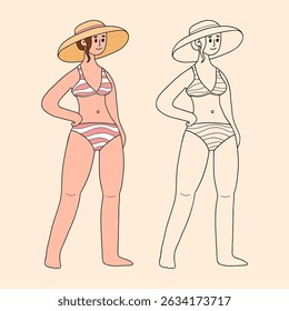 Cute Woman in Swimsuit and Beach Hat. Female Character Beach. Isolated Color and Outline linear hand drawing. Vector illustration