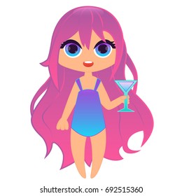 Cute woman in swimsuit with cocktail. Vector illustration

