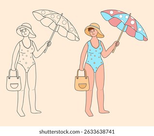 Cute Woman in Swimsuit and Hat with bag and Beach umbrella From Sun. Female Character on summer vacation. Isolated Color and Outline linear hand drawing. Vector illustration