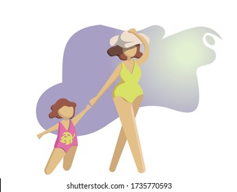 cute woman in a swimsuit and hat with a little girl her daughter on the beach, cute summer illustration about relaxing on a sunny beach on a white background