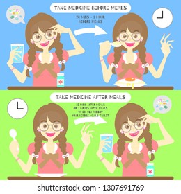 cute woman take vitamin,medicine,pill,drug before and after meals concept, health care medical with healthy lifestyle  background,vector illustration cartoon flat character design clip art