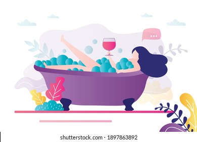 Cute woman taking bath with bubbles. Female character relaxes in bath with foam. Cartoon girl in bathroom lies with large glass of wine. Evening rest. Every day routine, hygiene. Vector illustration