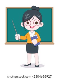 Cute woman teacher holding book and teaching cartoon illustration