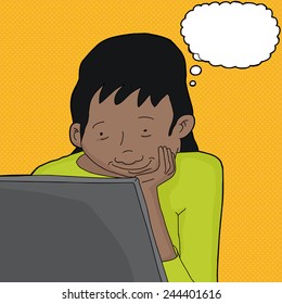 Cute woman with thought bubble looking at laptop