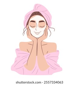 Cute woman in towel with cosmetic mask on her face, self care, self love. Flat vector illustration, simple style, white background 