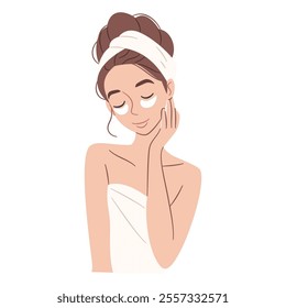 Cute woman in towel with patches under eyes, self care, self love. Flat vector illustration, simple style, white background 