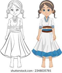 Cute woman in traditional dress for coloring pages