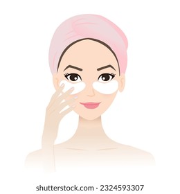 Cute woman treat under eye wrinkles and lines with eye mask patches on face vector isolated on white background. Eye serum mask reduce puffiness, dryness, texture and fine lines.