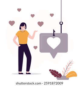 Cute woman was tricked by internet criminals, by making her fall in love. Speech bubble icon with heart hanging on fishhook, bait, dangerous manipulation in relationships, online dating. flat vector