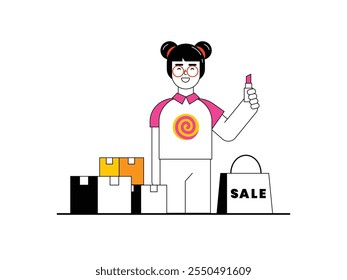 Mulher bonita tentando batom, fazendo compras on-line no e-commerce para entrega expressa em casa. Design de caracteres. Ilustração em plano vetorial