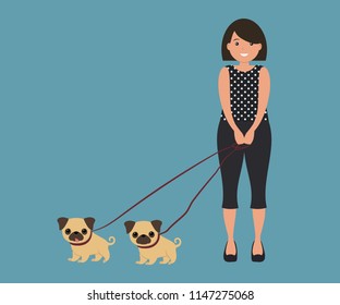 Cute woman with two pug dogs. She keeps pets on a leash. Vector illustration in cartoon style on a blue background.