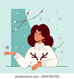 Cute woman in ugly sweater near the window watching snowflakes. Winter Holidays, Merry Christmas and a happy new year. Vector flat illustration.