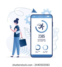 Cute woman using cellphone for counting steps. Fitness tracker application. Mobile phone app - step counter, pedometer, activity heart rate monitoring. Modern technology. Flat vector illustration