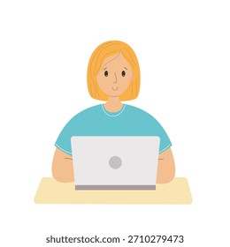 Mulher bonita usando o computador no estilo amigável dos desenhos animados para o aprendizado online, trabalho de escritório e projetos digitais