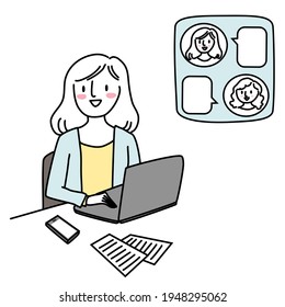 Cute Frau mit Laptop Computer Chat online mit Kunden. Gute Geschäftsfrau, die am Schreibtisch arbeitet, kommuniziert über die Online-Plattform mit den Mitarbeitern. Leere Textfelder und Benutzeravatare sind im Lieferumfang enthalten.