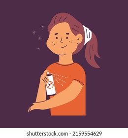 Cute woman using mosquitoes repellent vector cartoon character isolated on background.