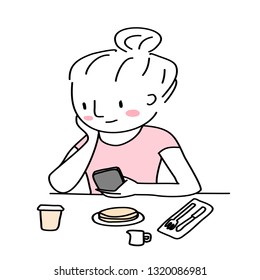 Cute woman using phone while having breakfast at coffee shop. Girl sitting at cafe, reading text message on smartphone screen during her breakfast time. Happy woman using phone while having a meal.