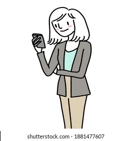 Cute woman using phone. Young businesswoman reading text message on smartphone screen. Happy young office lady standing and using smart phone texting message to someone. Hand-drawn vector.