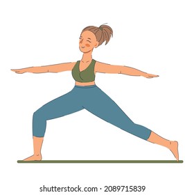 Cute woman in Virabhadrasana II or Warrior Pose.