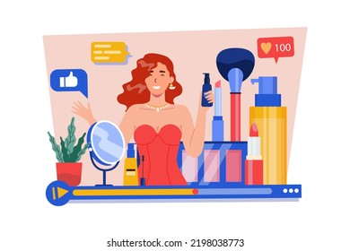 Cute woman vlogger making video, cosmetics review for beauty blog Illustration concept on white background