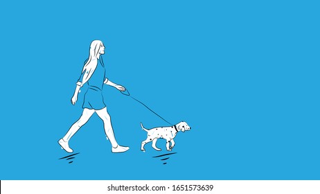 cute woman walking with a dalmatian dog on leash   can be used as t-shirt/banner/card design simple hand drawn style minimal vector illustration