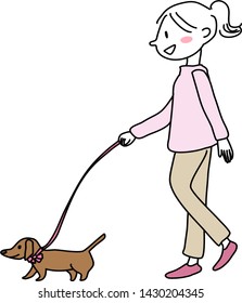 Cute woman walking with a dog. Happy girl walking with her little dog. Woman walking the small dog. Female dog walker doing her job. Happy owner with pet. Vector illustration with hand-drawn style.
