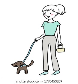 Cute woman walking dog. Happy girl walking with her little dog. Young woman walking the small dog. Female dog walker doing her job. Happy owner with pet. Vector illustration with hand-drawn style.