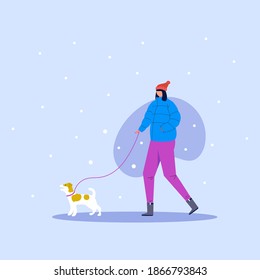 Mujer linda caminando con perro corredizo en el parque invernal. El concepto de actividad al aire libre. Ilustración vectorial. Niña adorable con bufanda y sus mascotas aisladas de fondo blanco.