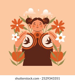 Mujer linda observa en pájaros con binoculares. Ilustración ingenua con persona de dibujos animados. Descansa en la naturaleza, al aire libre. Ocio, equilibrio, armonía. Asistencia de la salud mental. Chica Kawaii. Relajación en la naturaleza.