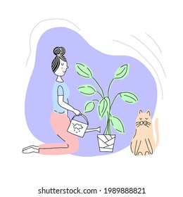 Cute woman is watering the flowers. Vector illustration of a flat design. Hand drawn, doodles.