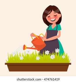 Cute woman is watering the flowers. Vector illustration of a flat design