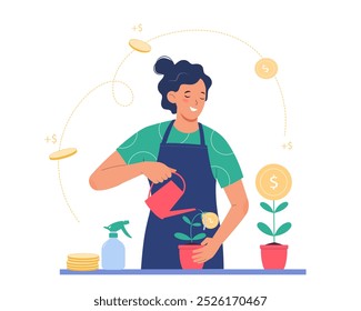 Cute  woman watering money tree. Young woman grow capital, additional income or earning. Financial growth concept. Vector illustration in flat