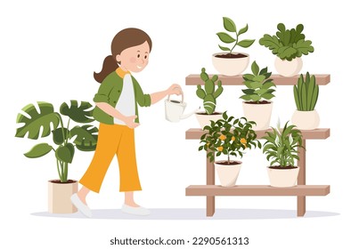 Las plantas de riego de las mujeres. Jardín interior, macetas de plantas en estanterías. Tiempo de hobby familiar. La decoración de la casa y el concepto de jardinería. Ilustración vectorial aislada en estilo de dibujos animados